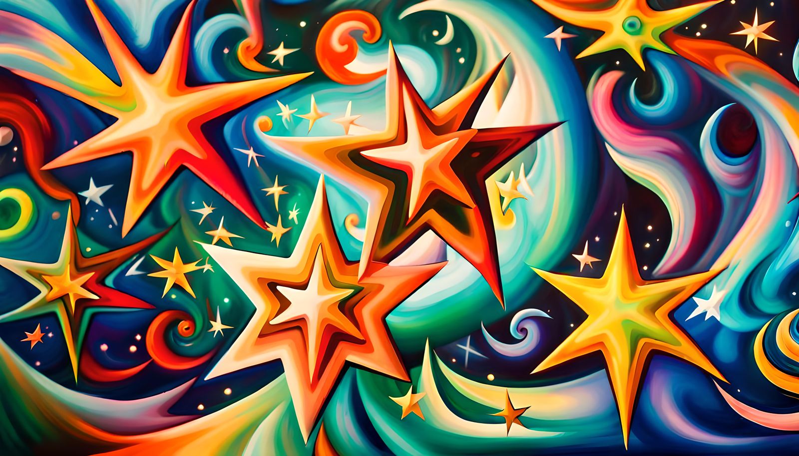 Iridescent Stars Swirling in Electromagnetic Plasma, Impasto...