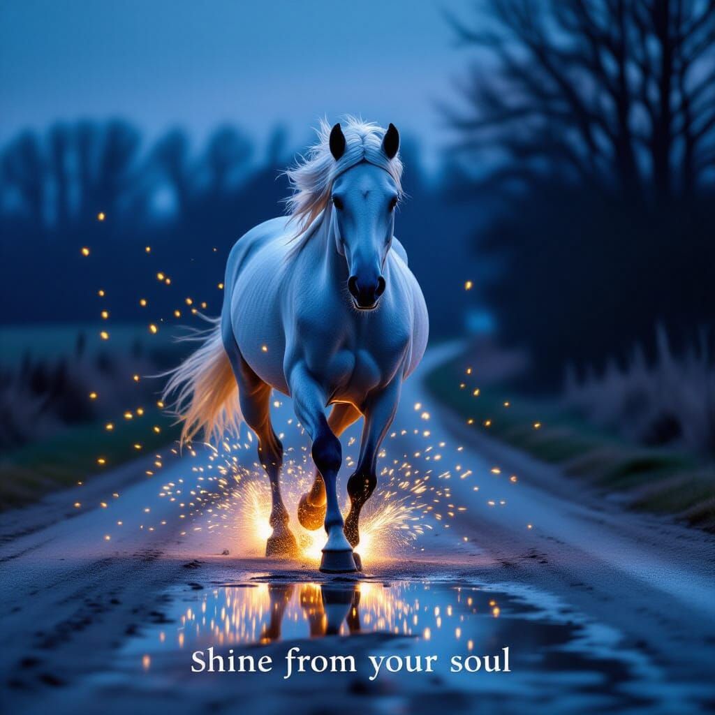 White Horse Running at Dusk with Soul Sparks