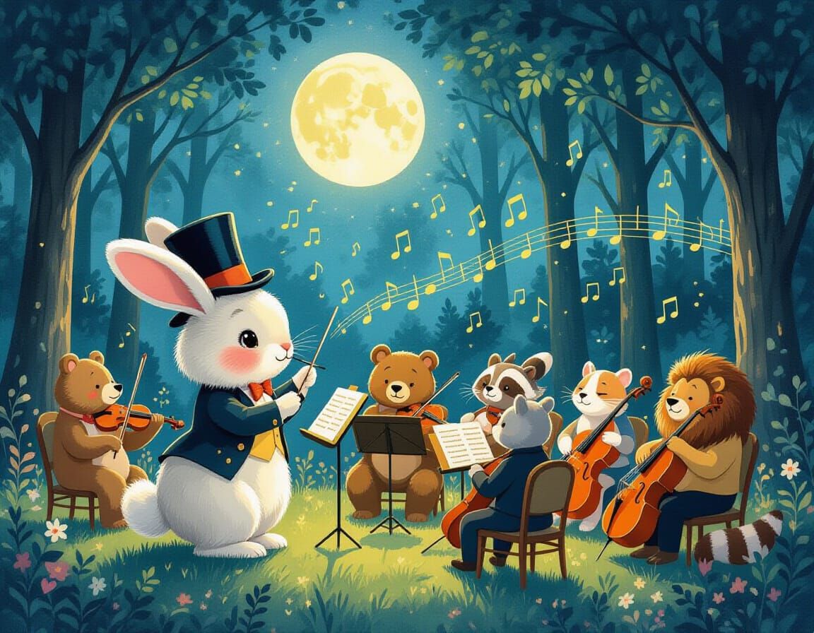 Enchanting Forest Orchestra Conducted by Bunny, Watercolor S...
