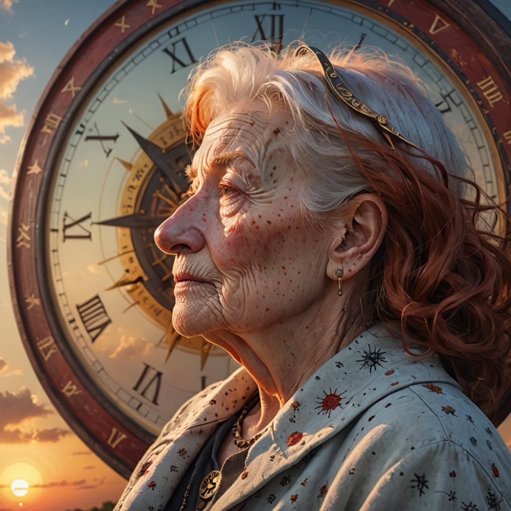 Sympathetic Old Woman Crying at Sunset