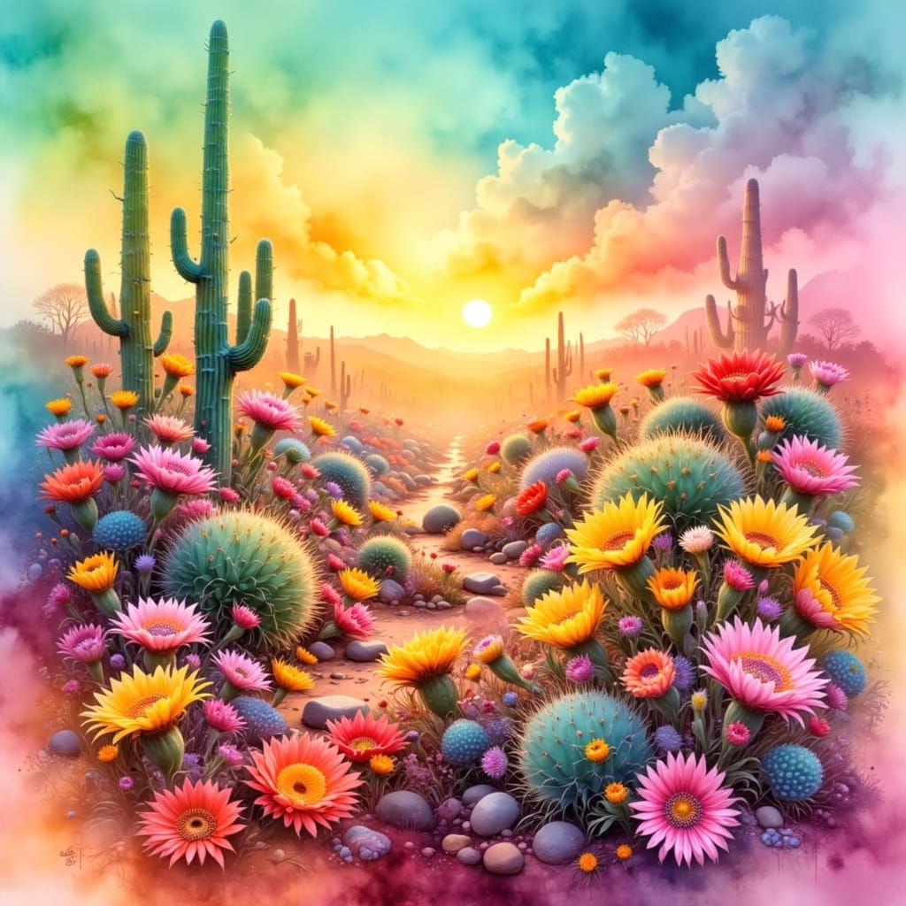Vibrant Desert Landscape with Blooming Cacti in Watercolor S...