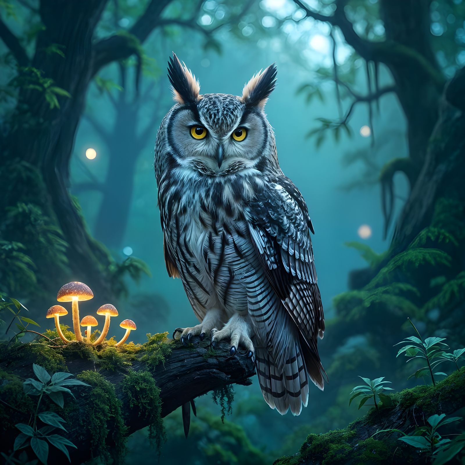 Iridescent Owl in Enchanted Forest: Hyperrealistic Matte Pai...