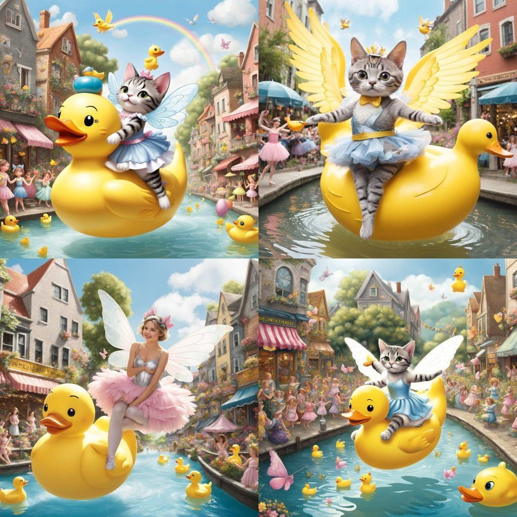 Whimsical Feline Ballerina Riding a Giant Rubber Duck in a J...