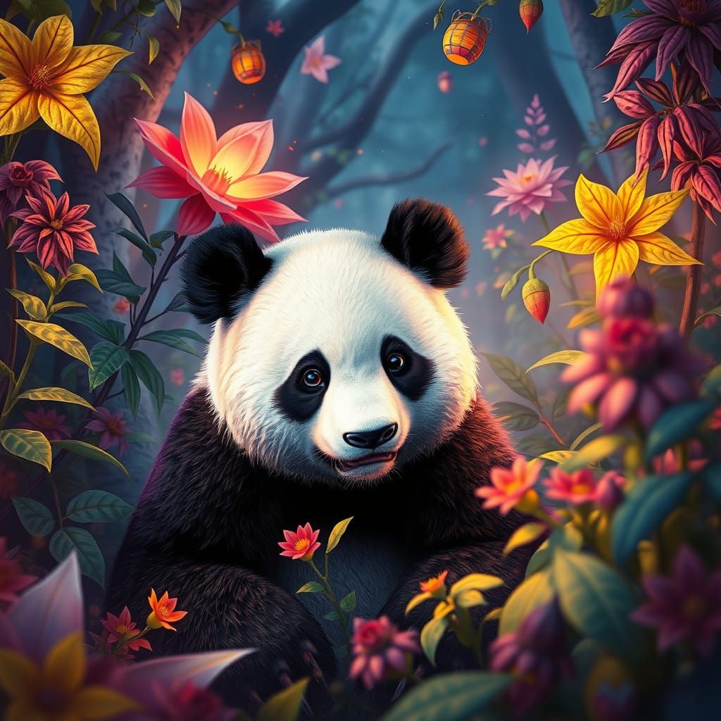 Surreal Panda in Vibrant Fantasy Landscape