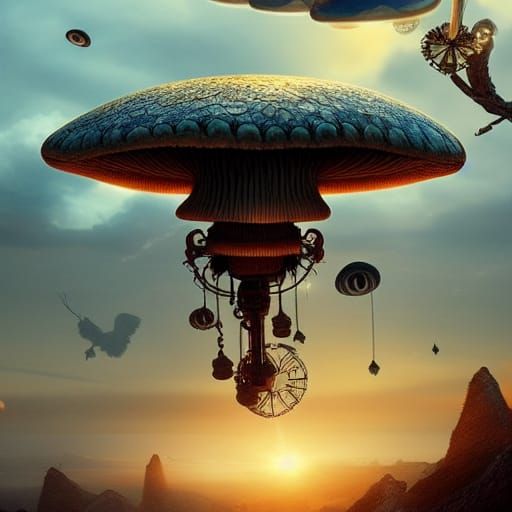 Steampunk Mushroom Flies in Sunset Sky