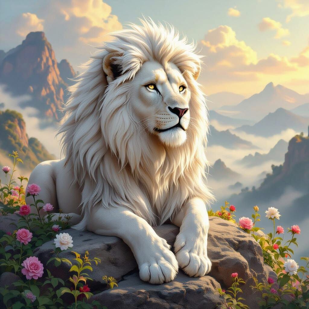 Majestic White Lion with Golden Rose Mane