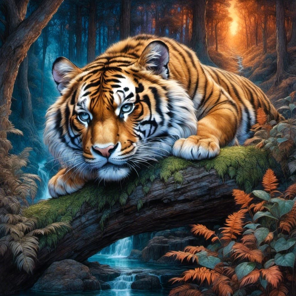 Glowing Tiger in Dark Forest Fantasy Art