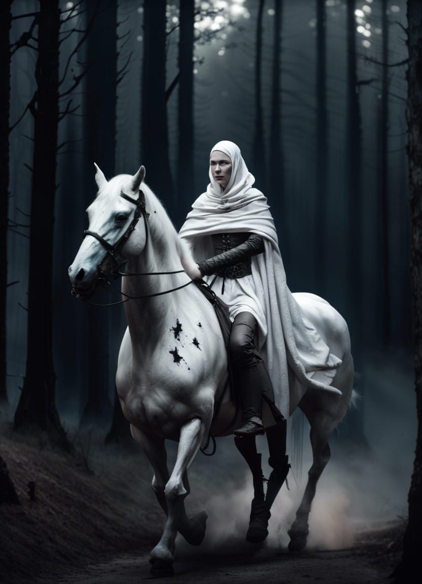 Medieval Rider on Black Horse in Dark Forest