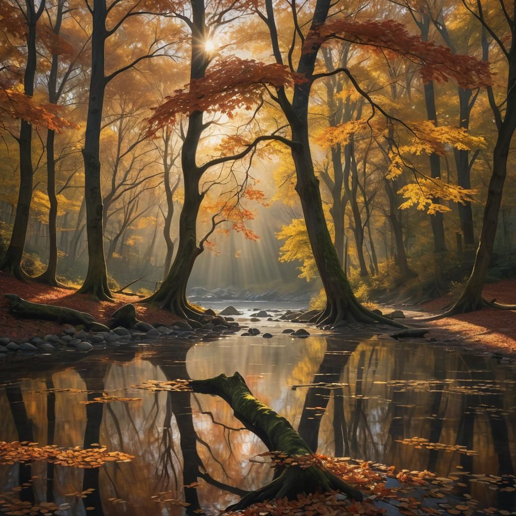 Autumn Landscape with River Reflection in Golden Light