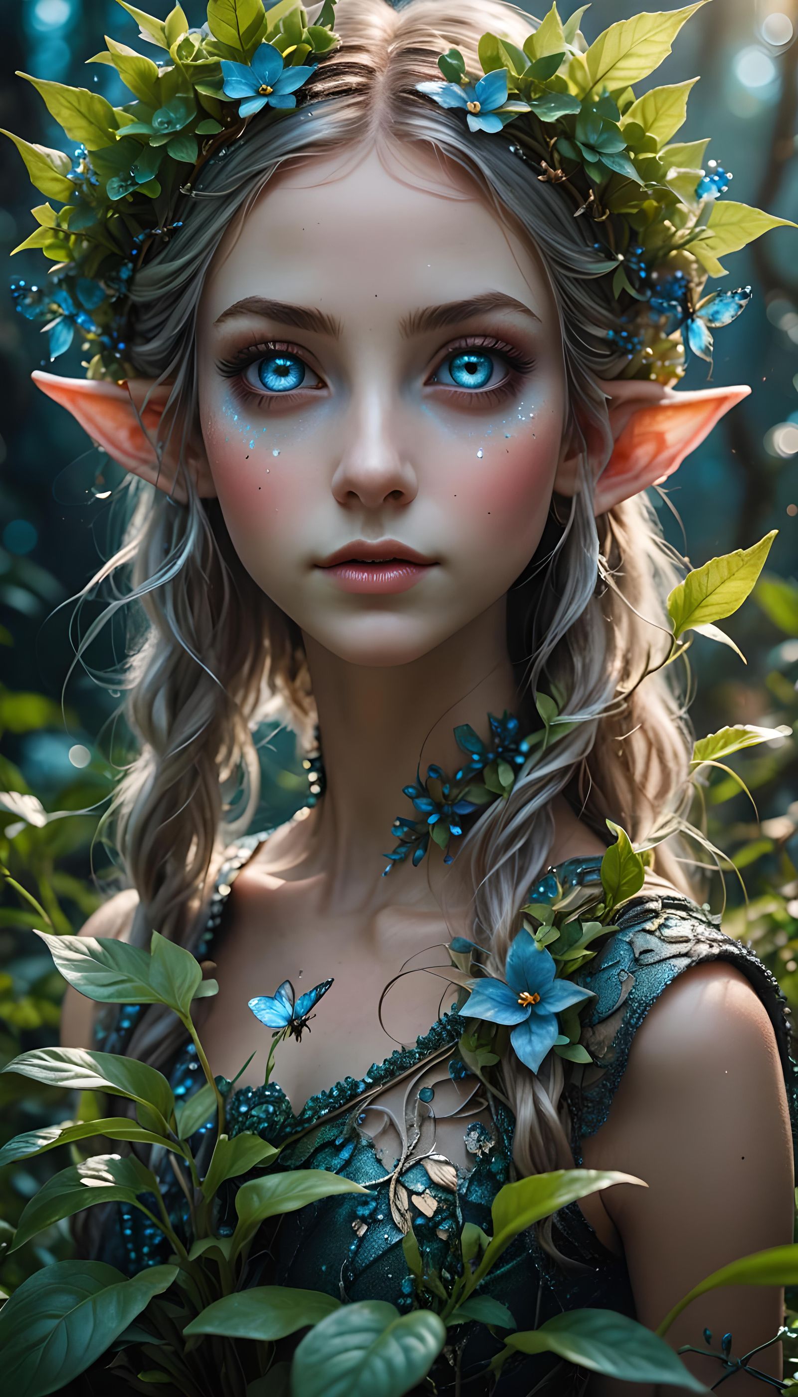 Blue-Eyed Fairy Grows Magic Plant: Photorealistic HDR