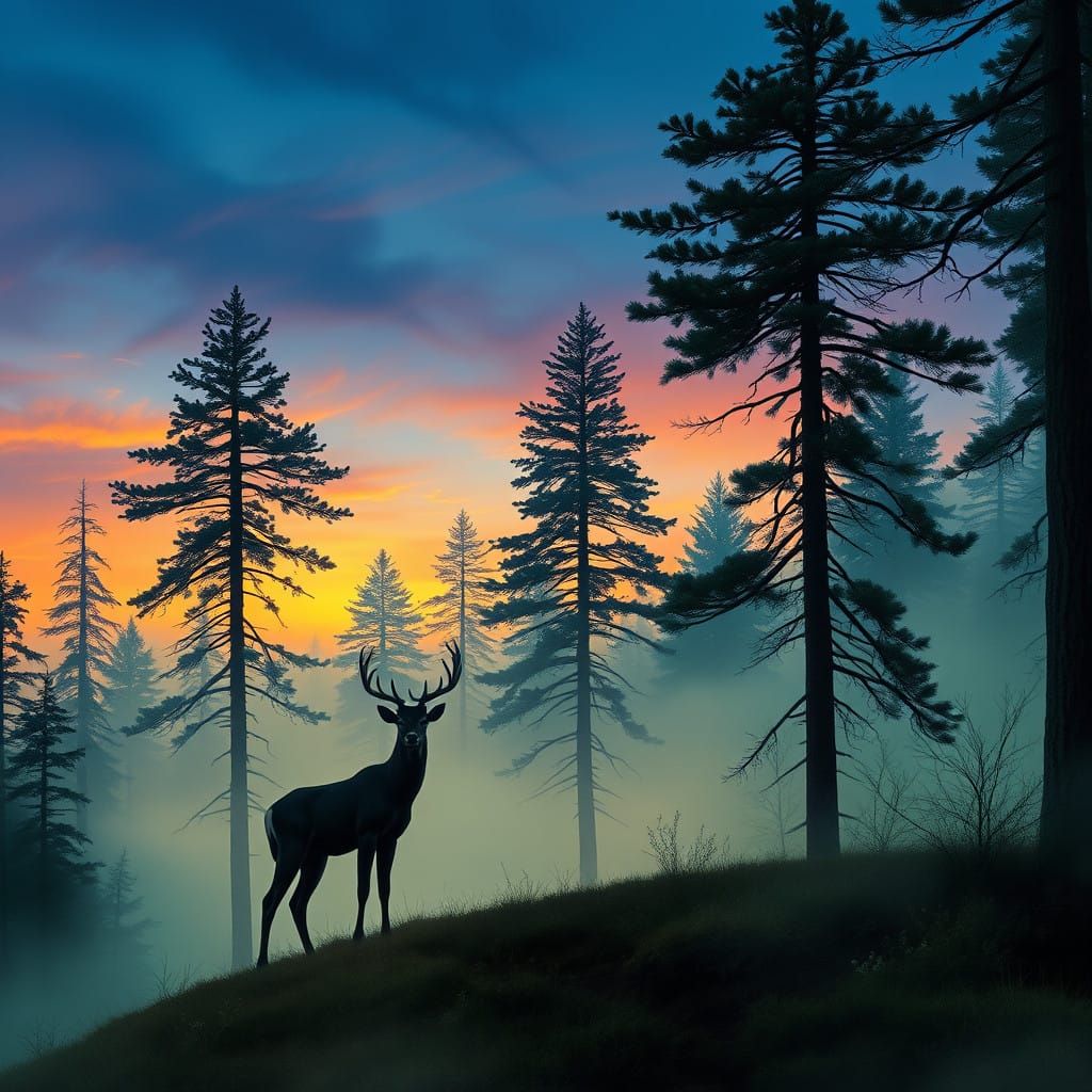 Majestic Stag in Twilight Forest Landscape