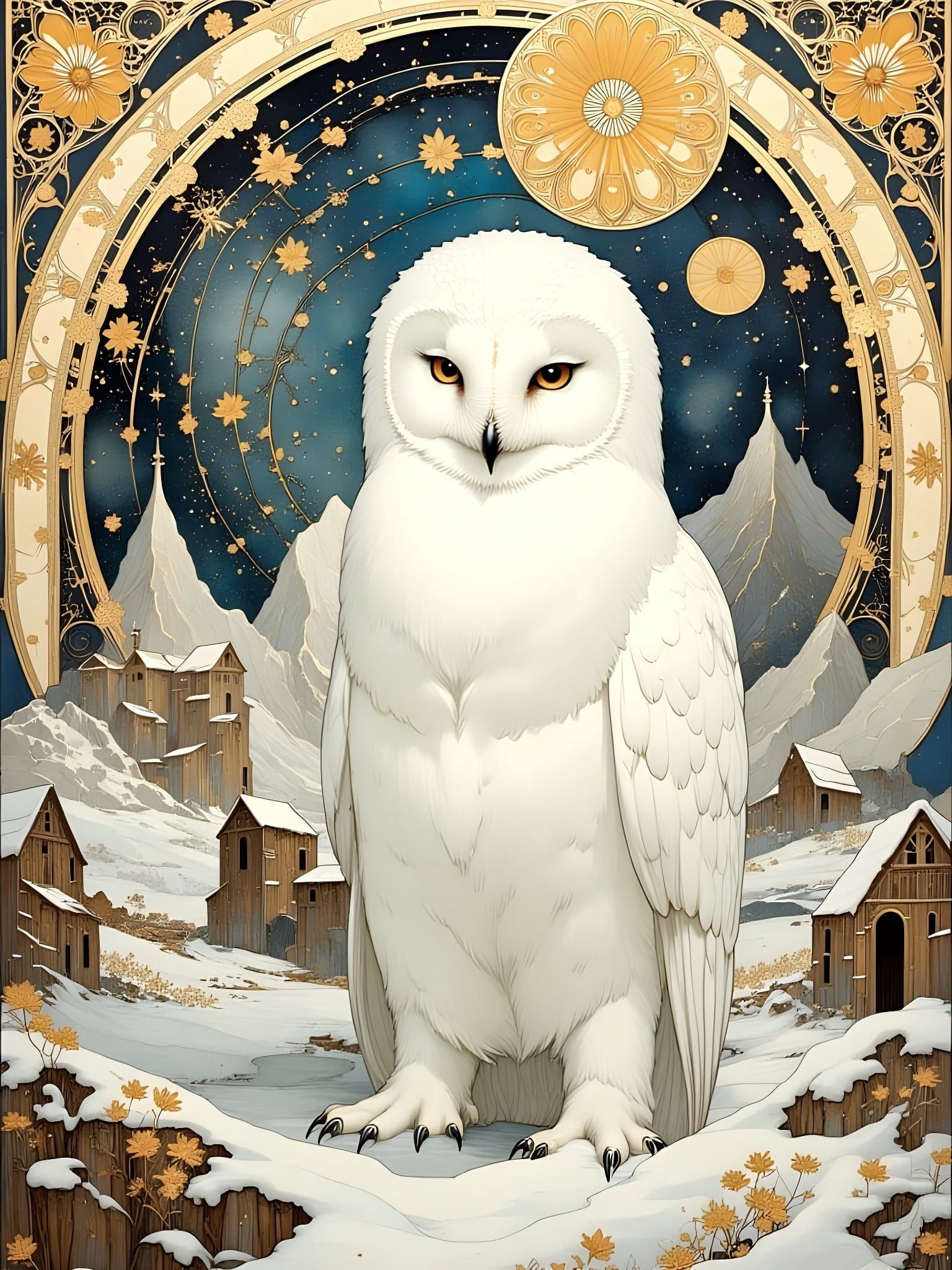 Art Nouveau Owl Amidst Snowy Mountains