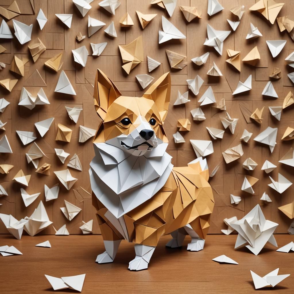 Origami Corgi Papercraft Art on Wooden Desk