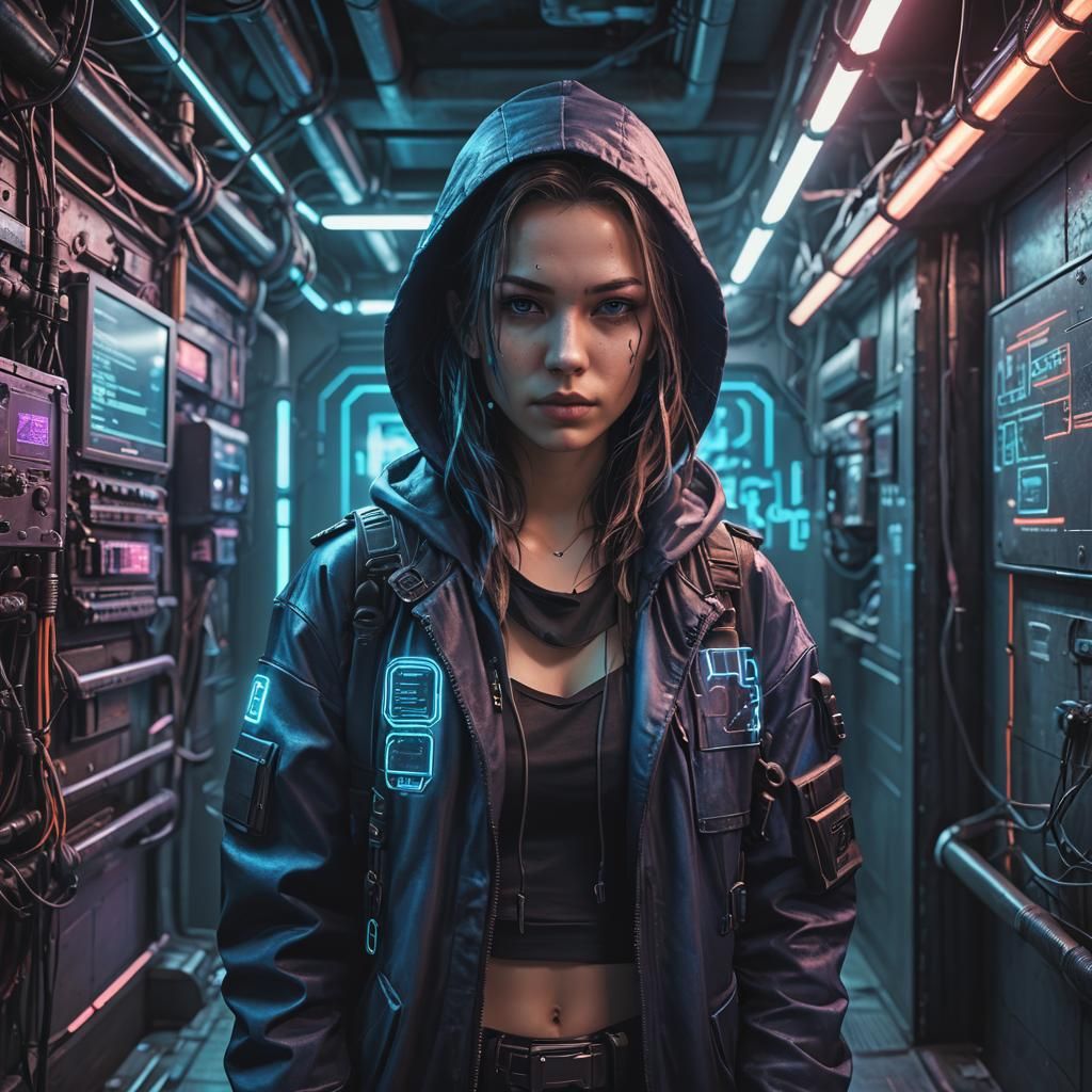 Cyberpunk Hacker in Neon Underground Hideout