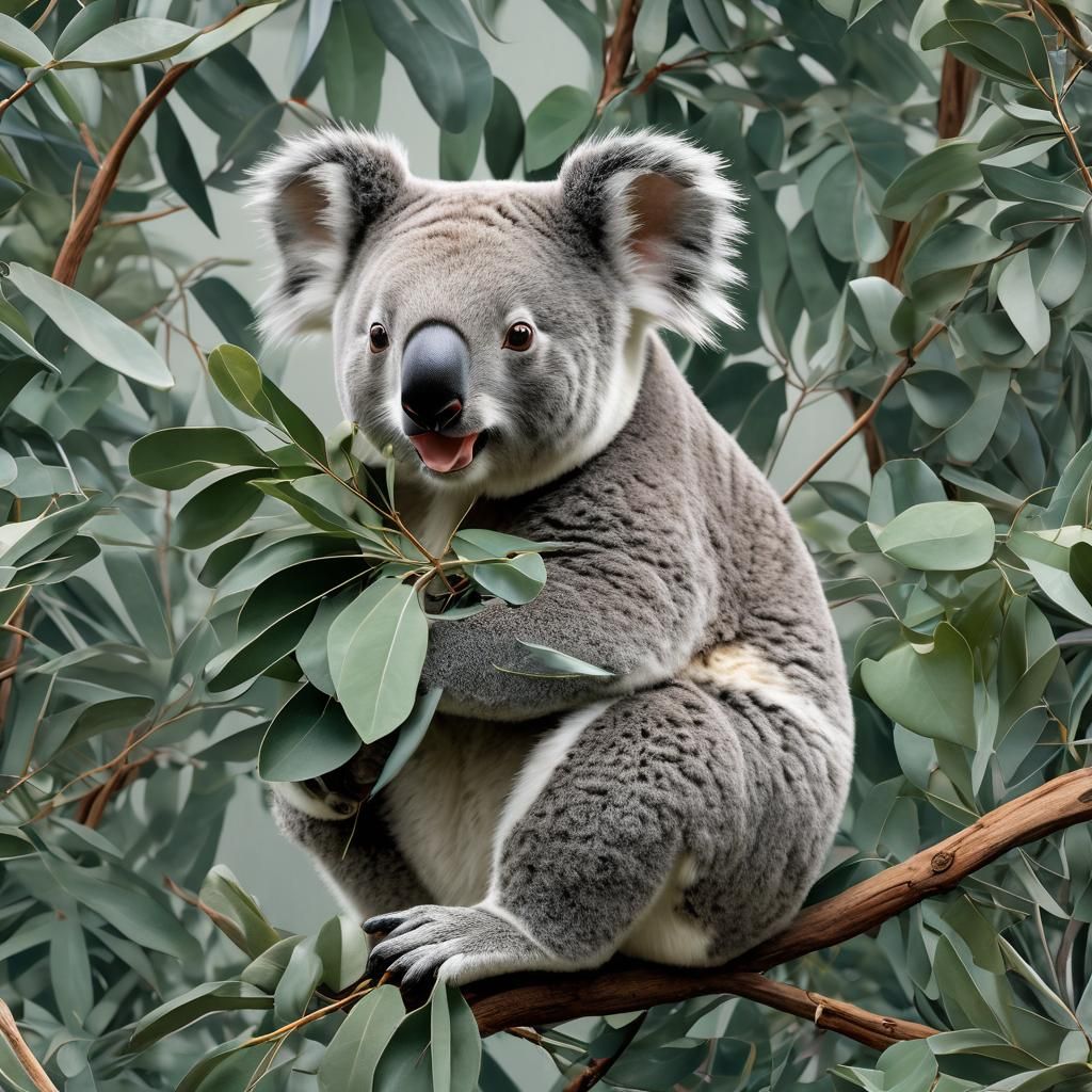 Hyperrealistic Koala Eating Eucalyptus Leaves