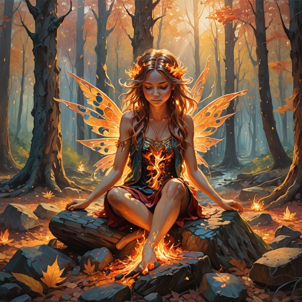 Fire Fairy in Blazing Forest, Oil Painting