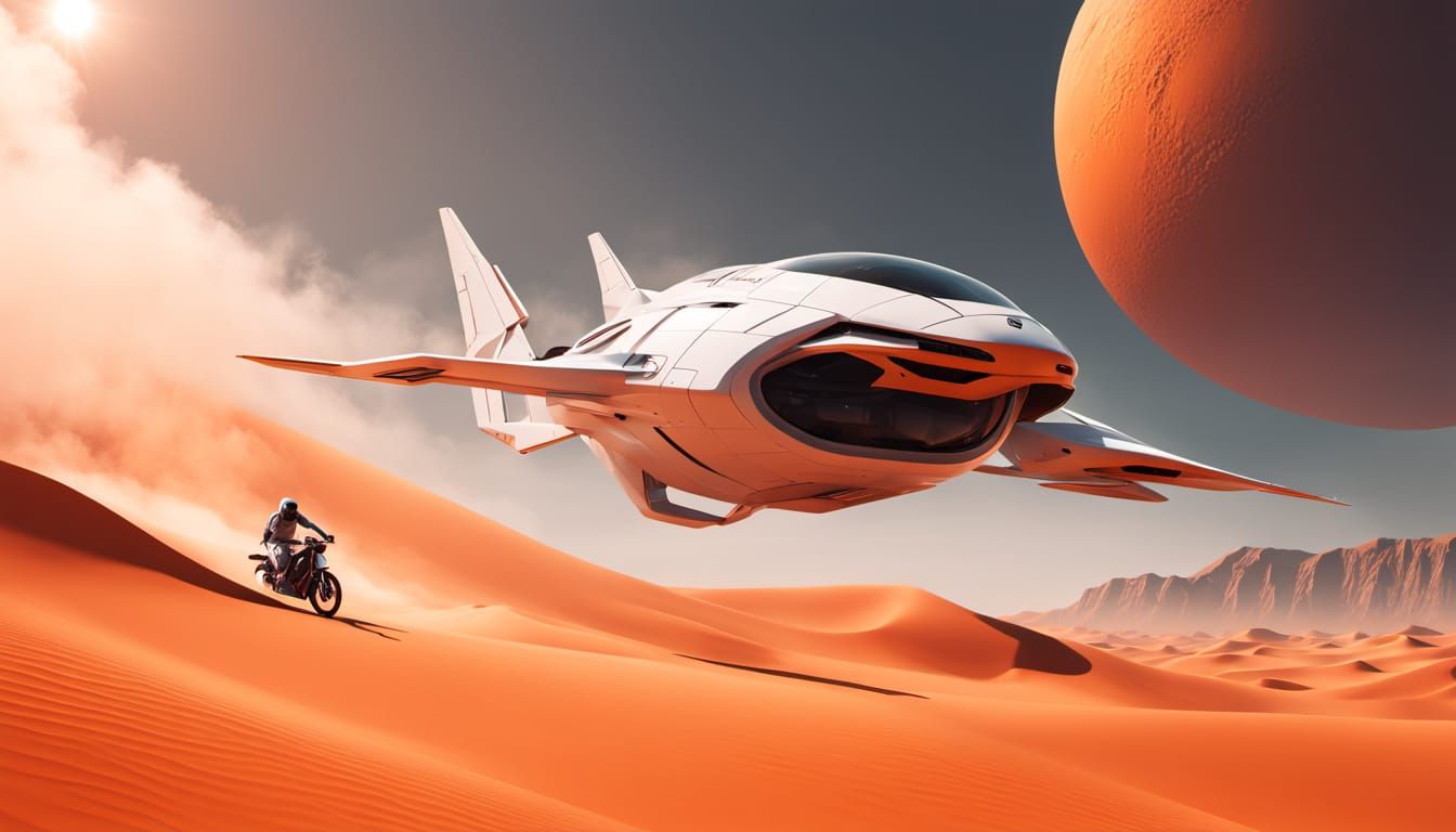 Futuristic Hydrofoil Bike on Alien Landscape