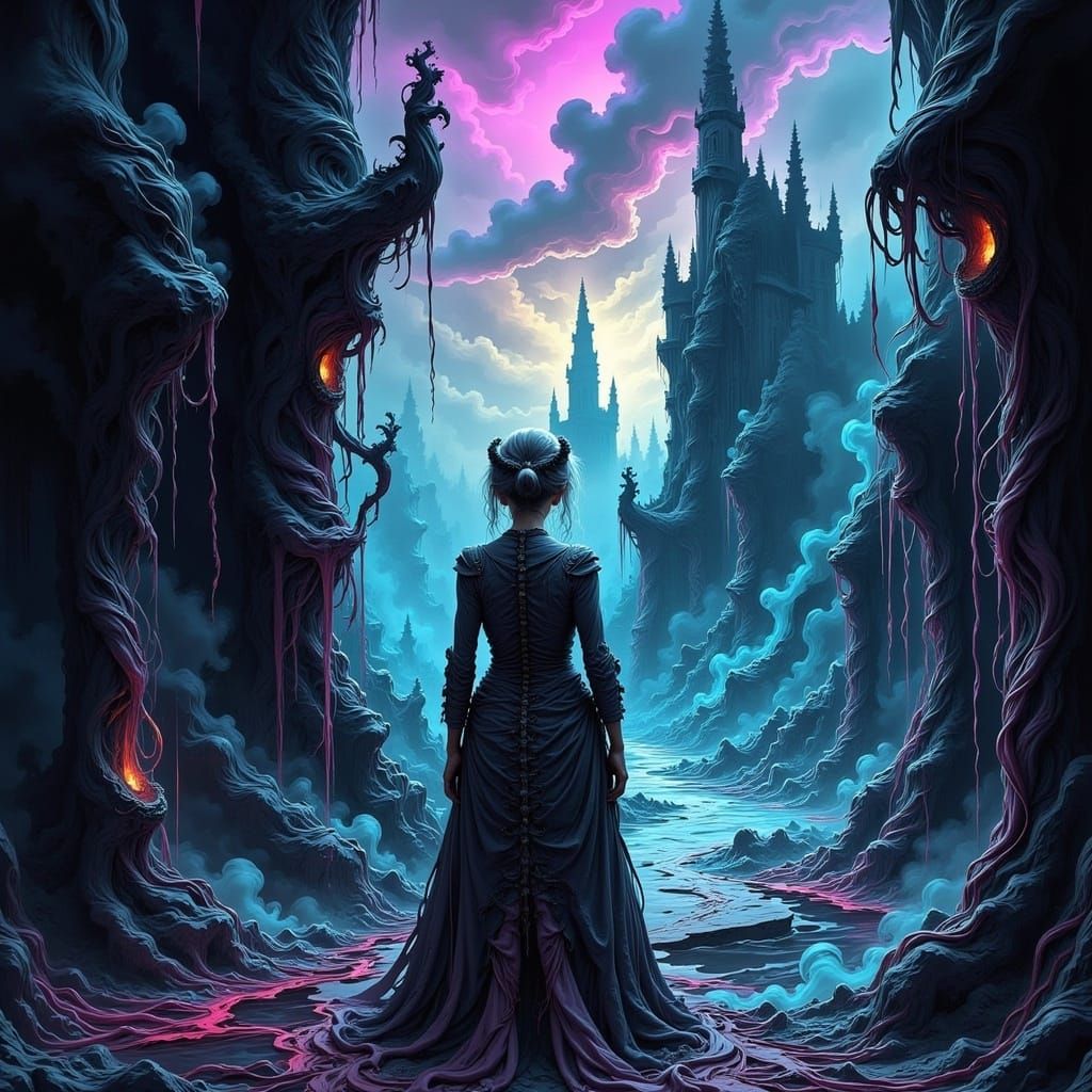 Enigmatic Figure at Doorway in Neon-Noir Futurism