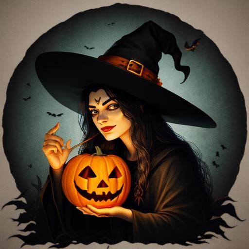 Witch Carving a Jack-o'-Lantern