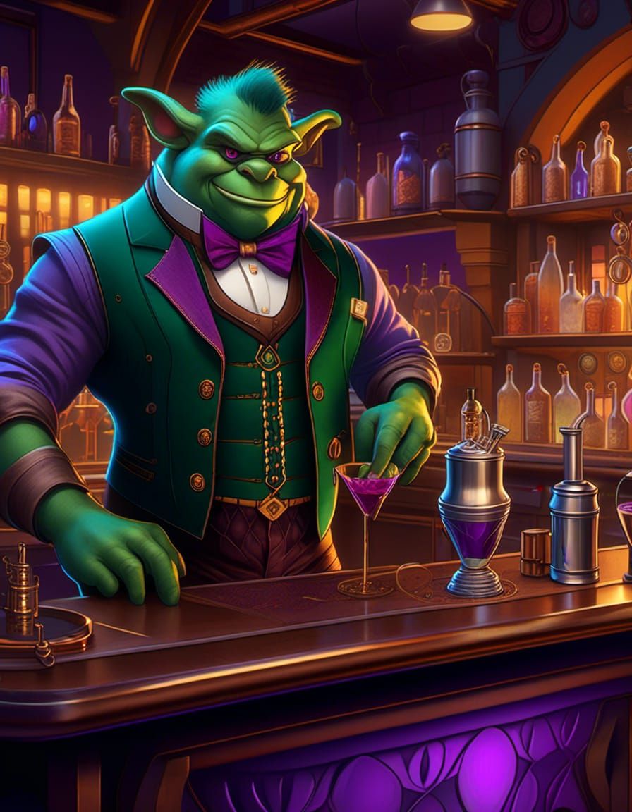 Steampunk ogre bartender in dark green short sleeve shirt with purple vest behind bar mixing drinks in fantasy style Ste...
