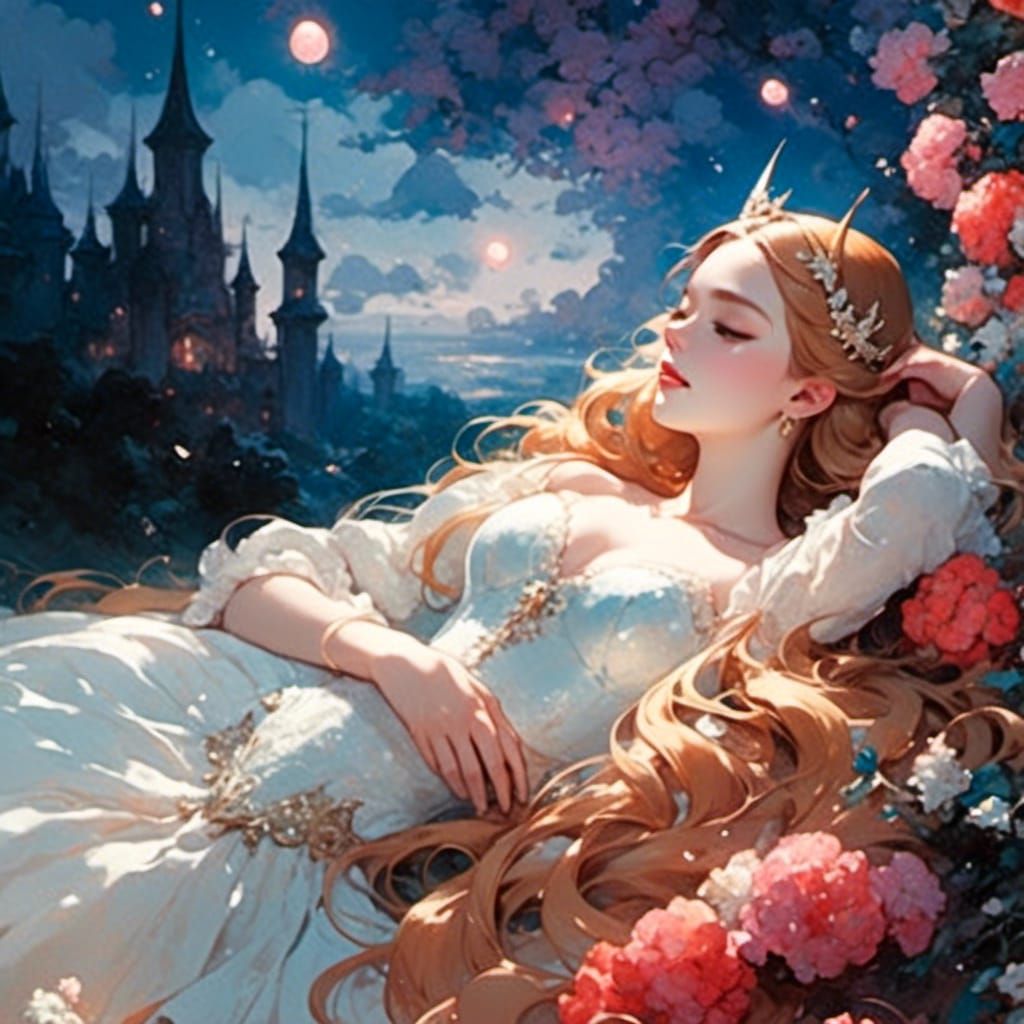 Sleeping Beauty in Pearlescent Watercolor Gouache Style