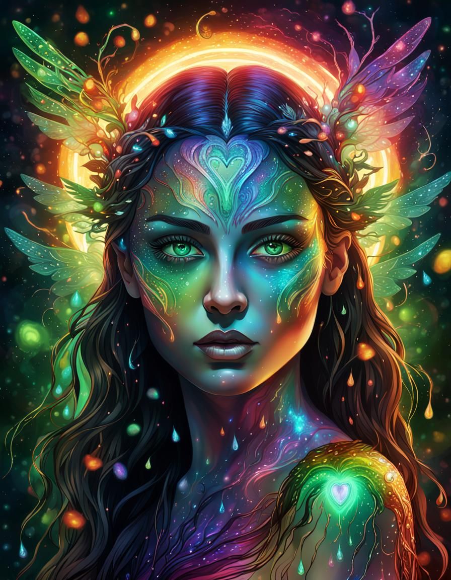 Rainbow Goddess with Wings, Holographic Illustration
