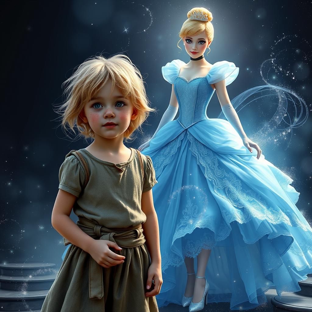 a blonde girl wearing rags, messy hair and sooty face. then ...