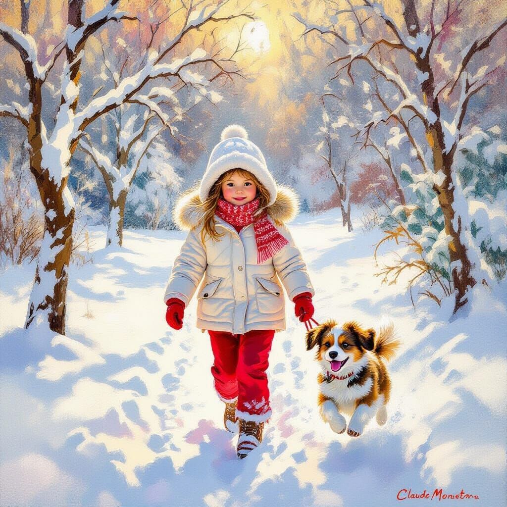Girl and Dog Enjoy Winter Snowfall in Impressionistic Oil Pa...