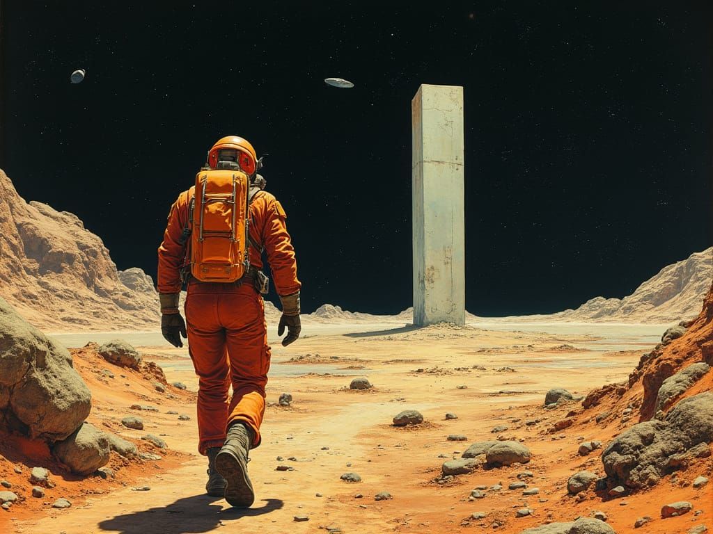 Retro Sci-Fi Space Traveler on Barren Planet