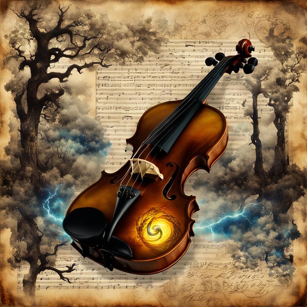 Luminescent Violin in Dark Fantasy Landscape