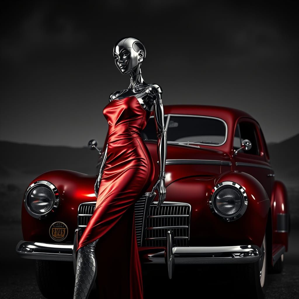 Chrome Robot Femme Fatale in Retro Noir Style