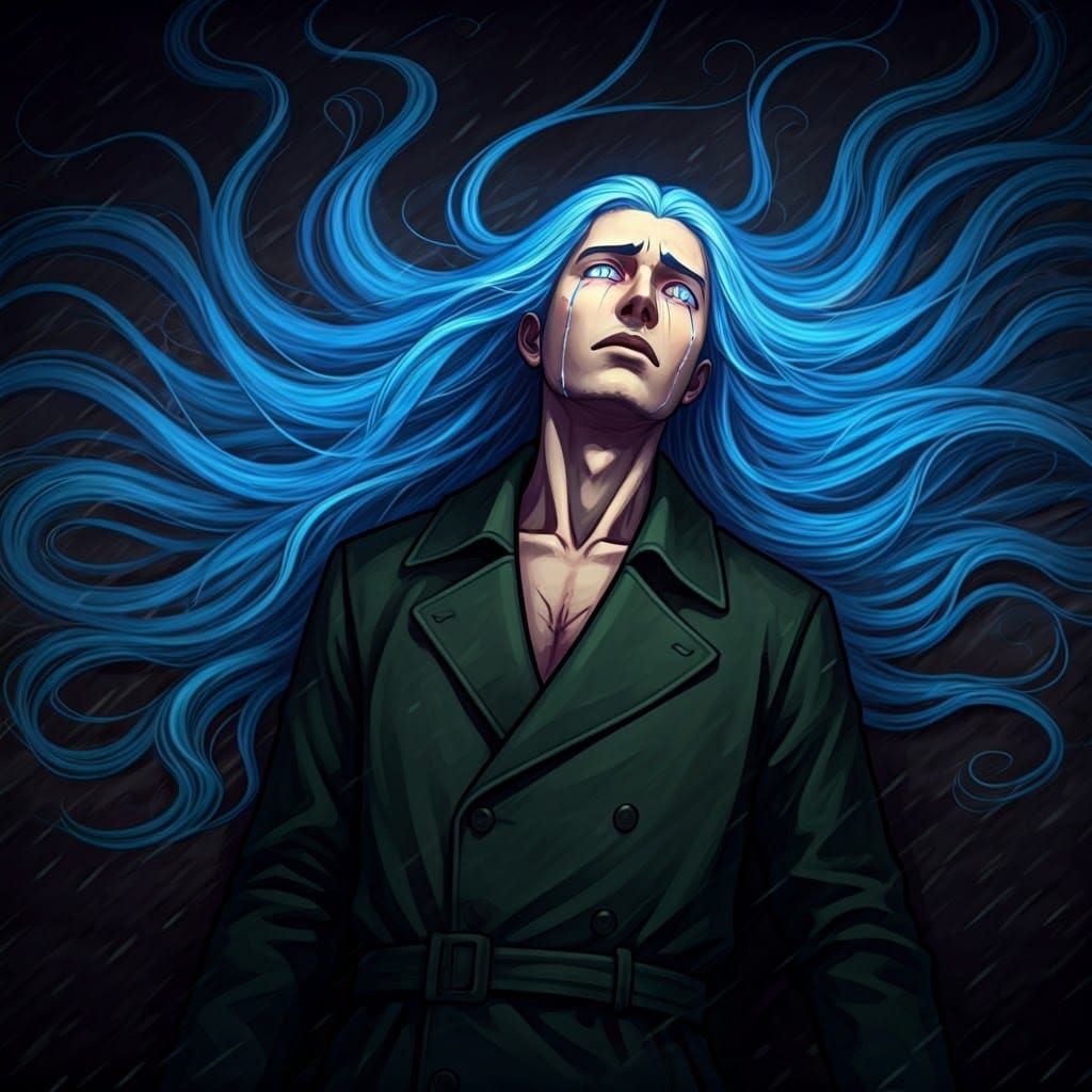 Blue-Haired Man in Stormy Sky, Inspired by Ukiyo-e