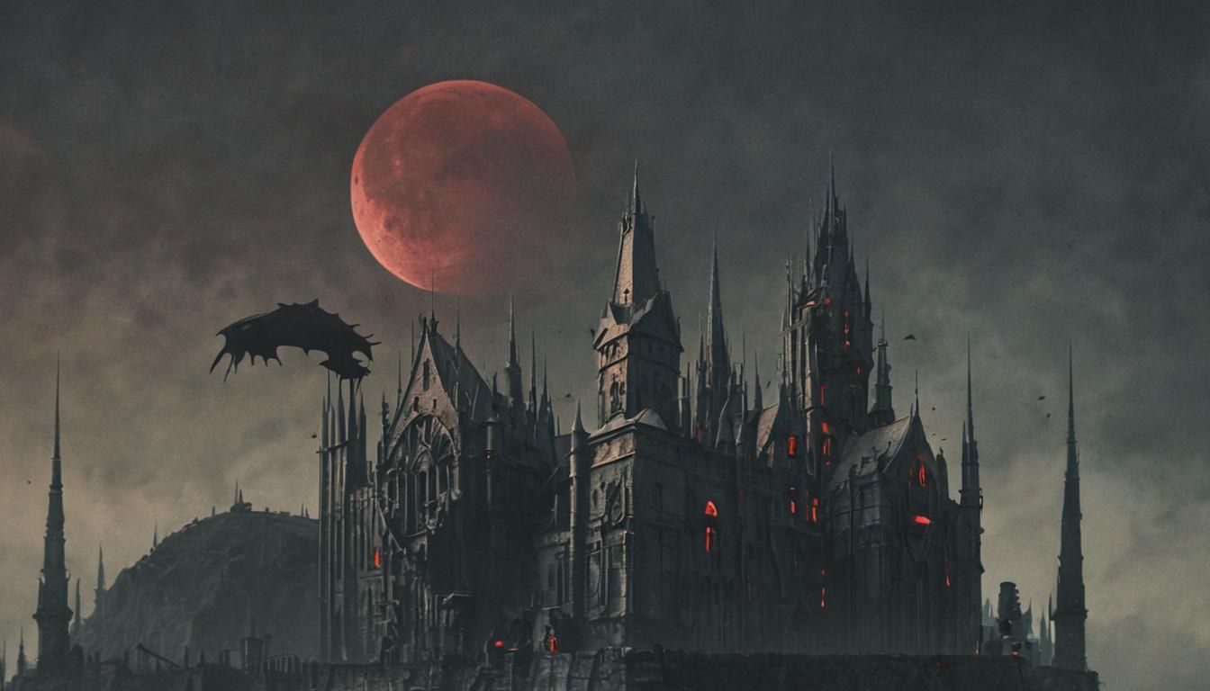 Gothic Castle Under Bloody Sky in Dark Romanticism Style