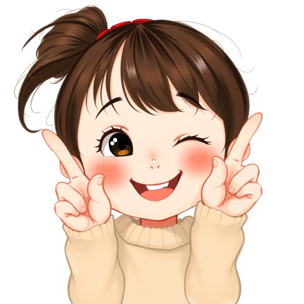 Girl with Expressive Eyes Making Peace Sign
