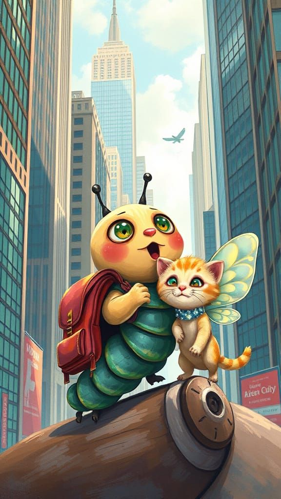 Caterpillar and Kitten Explore a Whimsical City