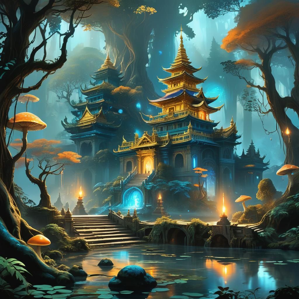 Mystical Golden Temple in Iridescent Forest