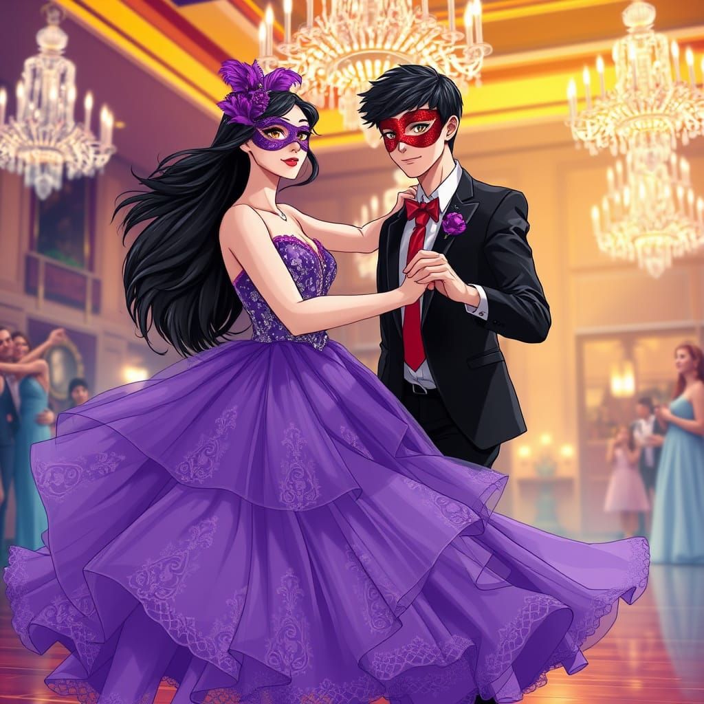 Elegant Teenage Couple Dancing in Whimsical Ballroom