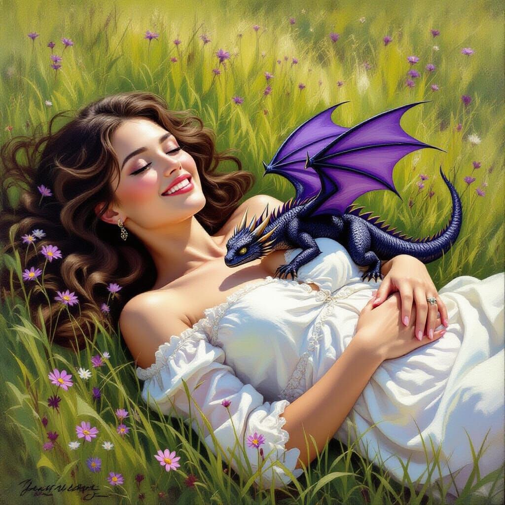 Woman and Dragon in Grassy Field, Fantasy Oil Painting