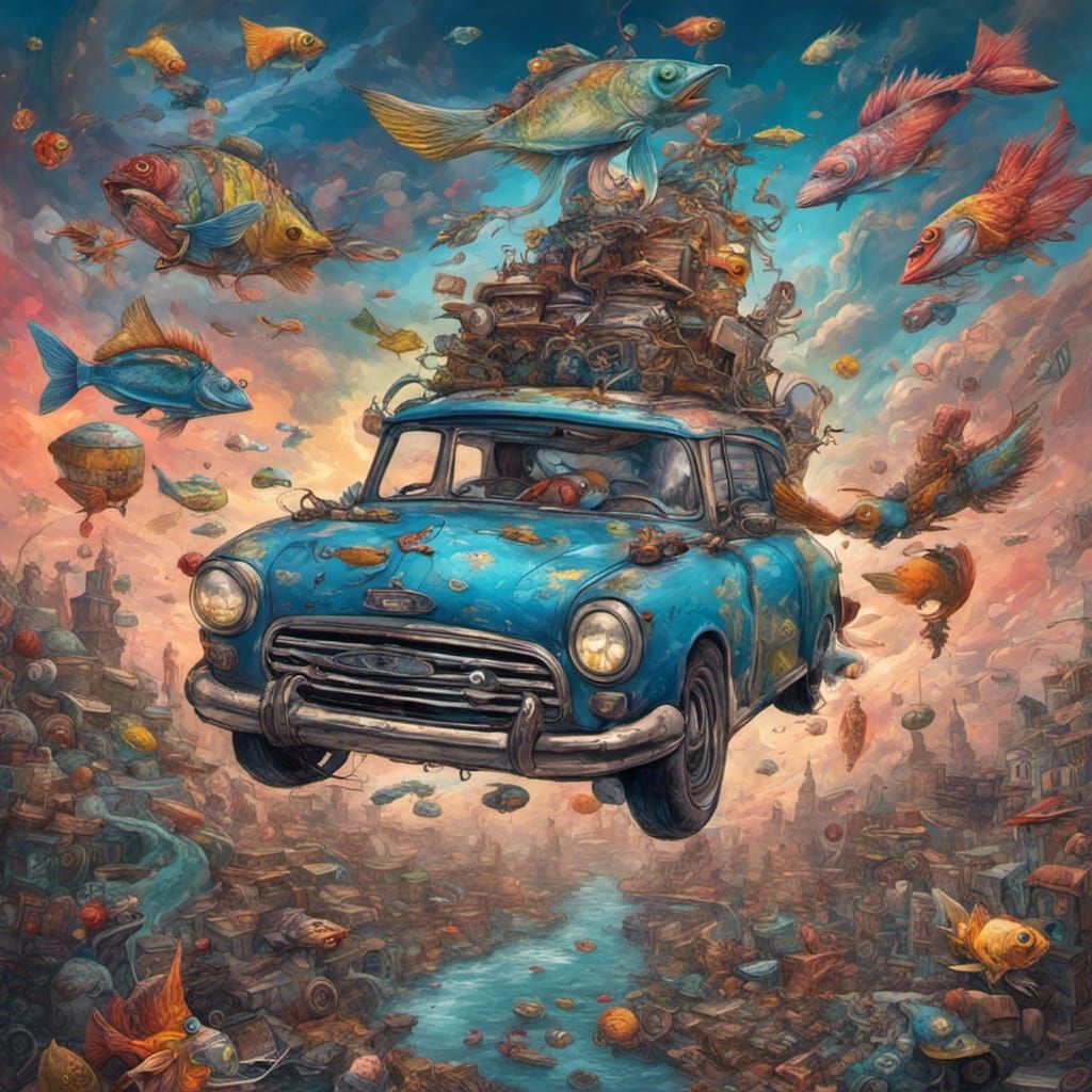 Fish Car Soaring in Steampunk Sky