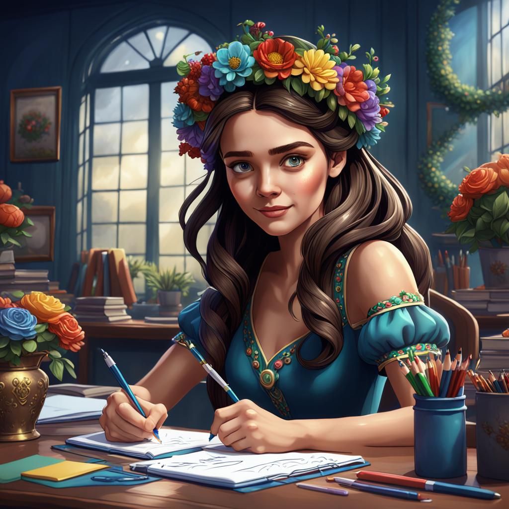 Brunette Lady Writing: Detailed Fantasy Comic Art