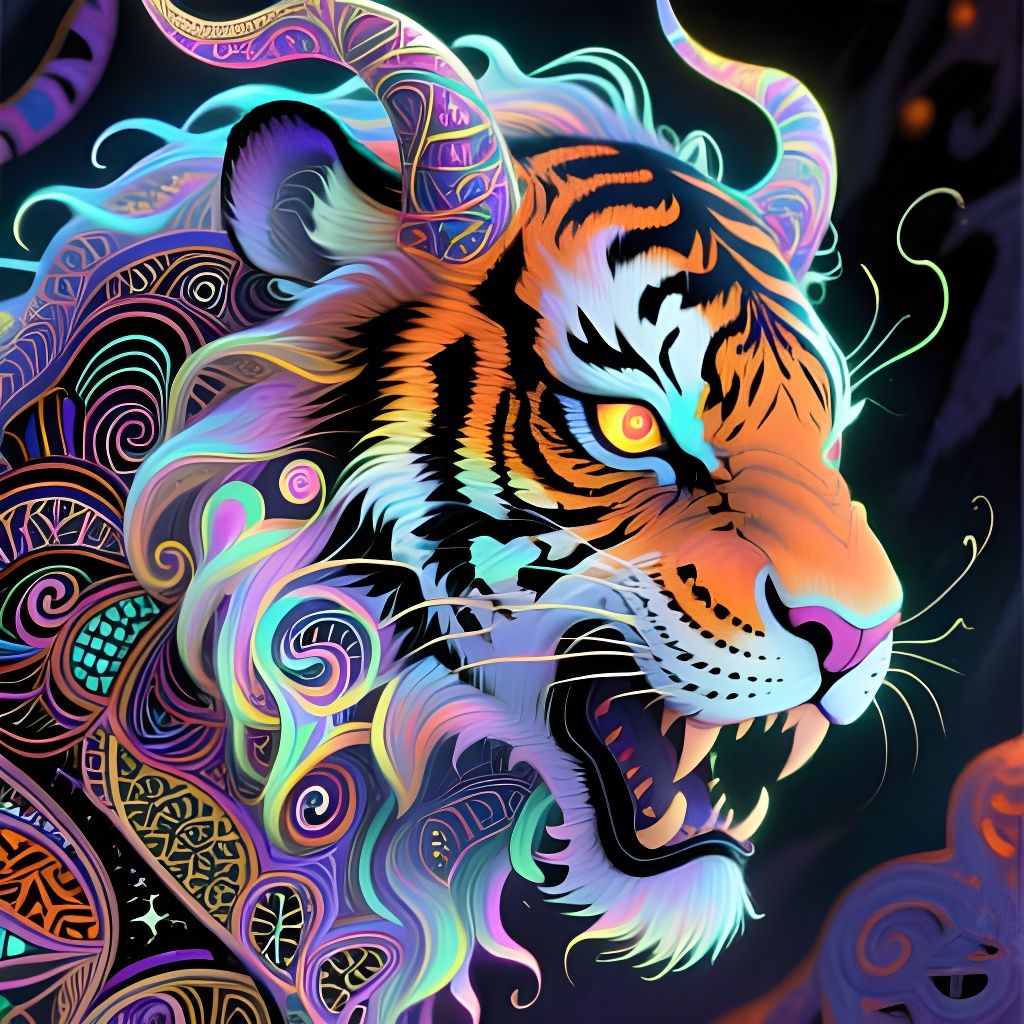 Psychedelic Animal Demon Portrait with Ornate Line Art