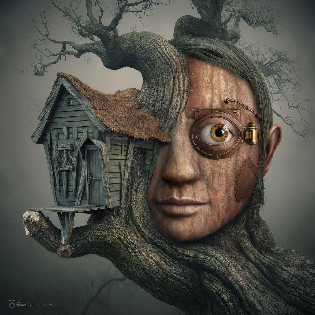 Steampunk Treehouse Face in Hyper-Realistic Detail