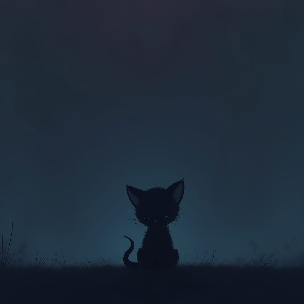 Melancholic Kitten Silhouette in Dark Blues and Purples