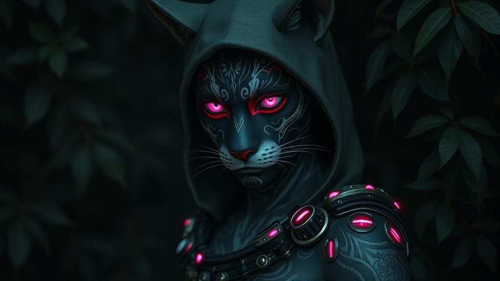 Feline Warrior in Tribal Attire with Futuristic Accents