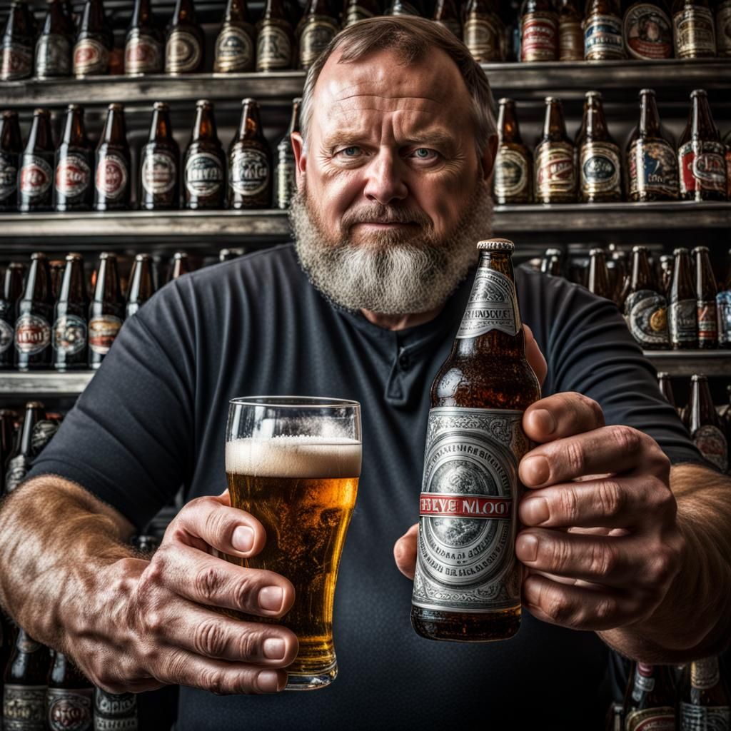 Hyperrealistic Image of Sudbury Steve May With Beer