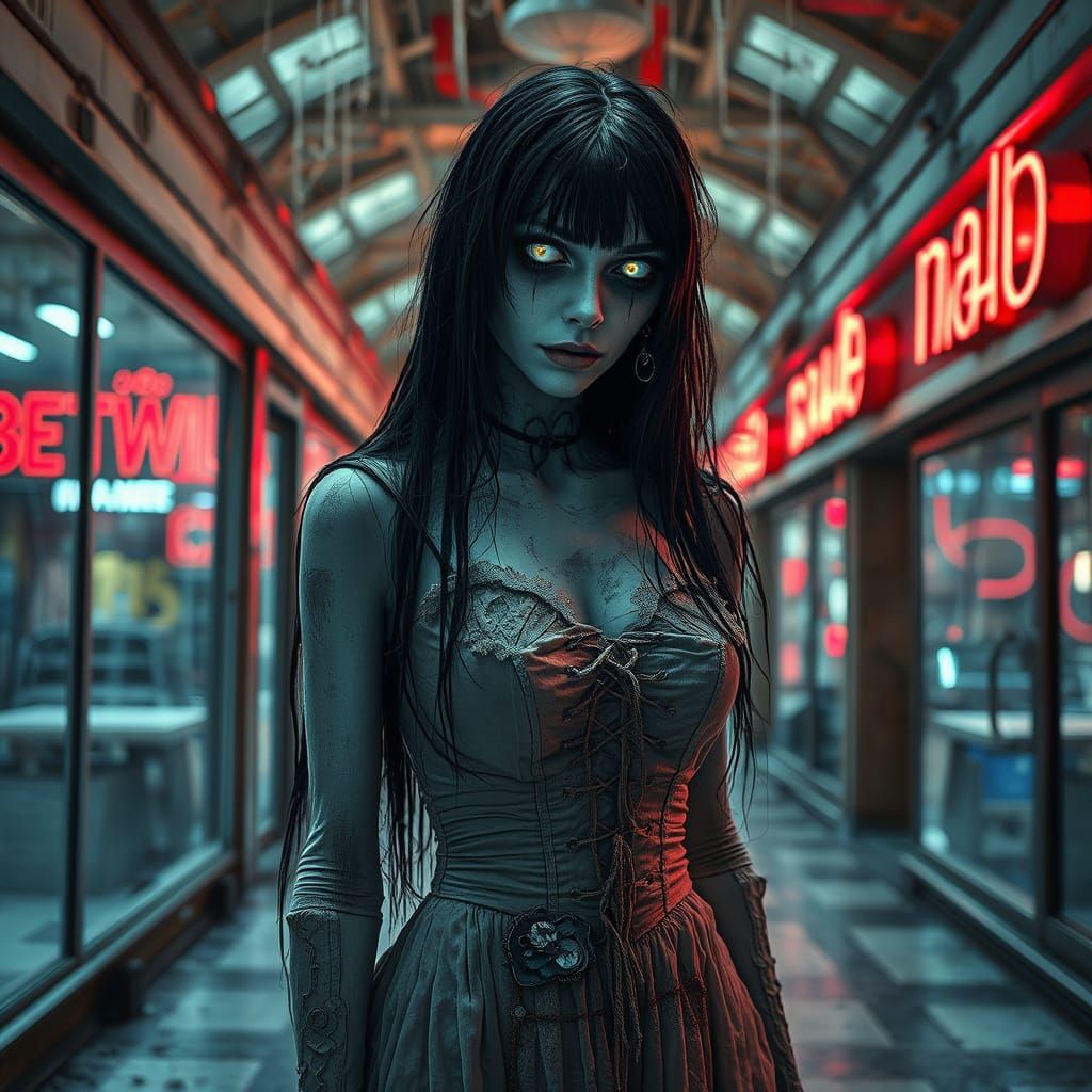Zombie Woman in Derelict Mall: Surreal Biomechanical Style