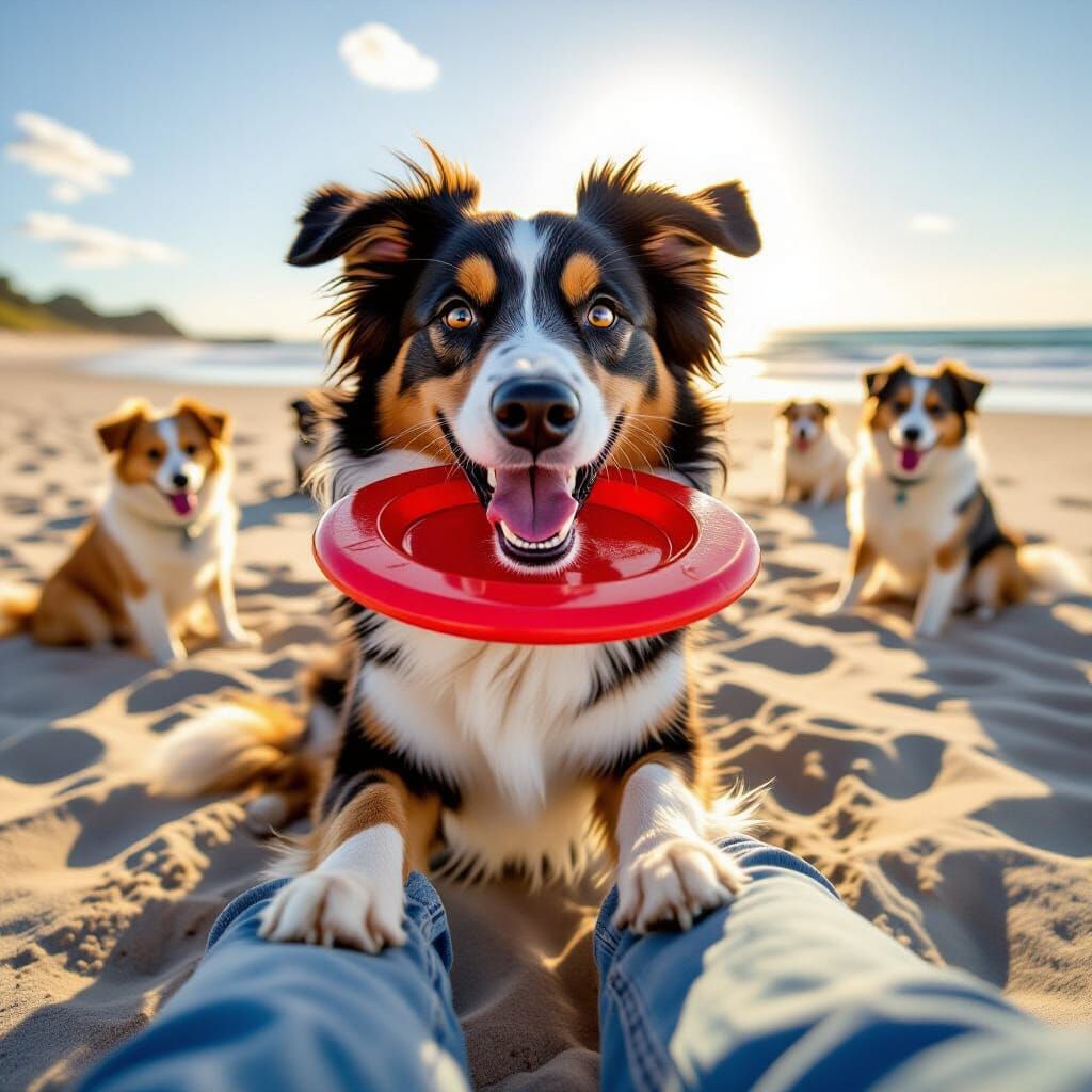 Dog Catching Frisbee at Beach in Photorealistic Style