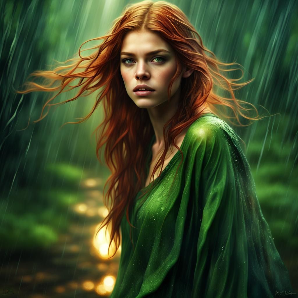 Elven Princess in Rain, Hyperrealistic Forest Escape