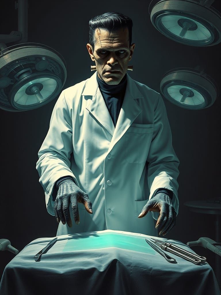 Frankenstein's Monster as Brain Surgeon in Beksiński Style