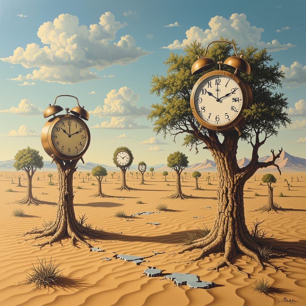 Surreal Desert Landscape with Melting Clocks